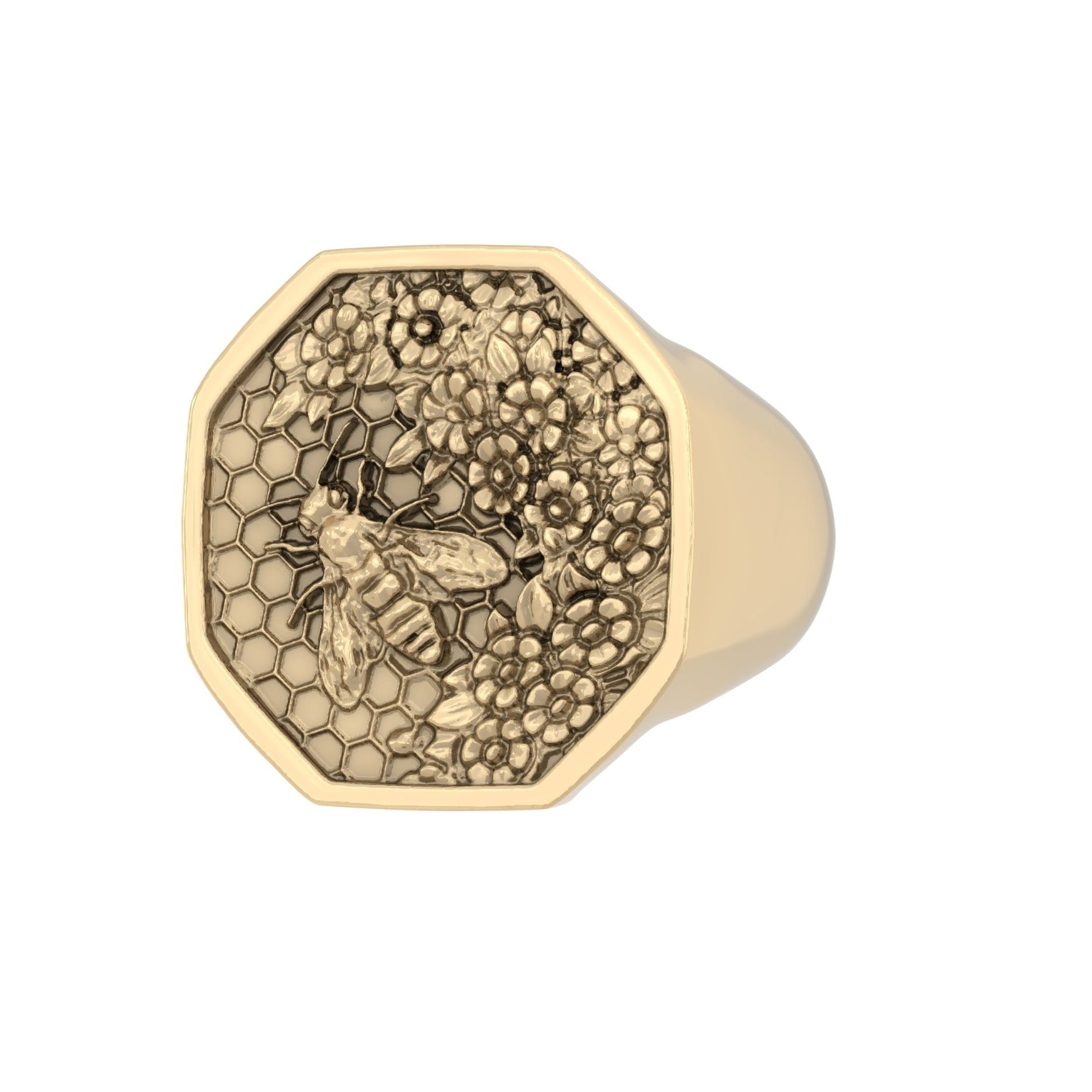 Angled right view of 9ct gold signet ring featuring engraved honeycomb and bee motif