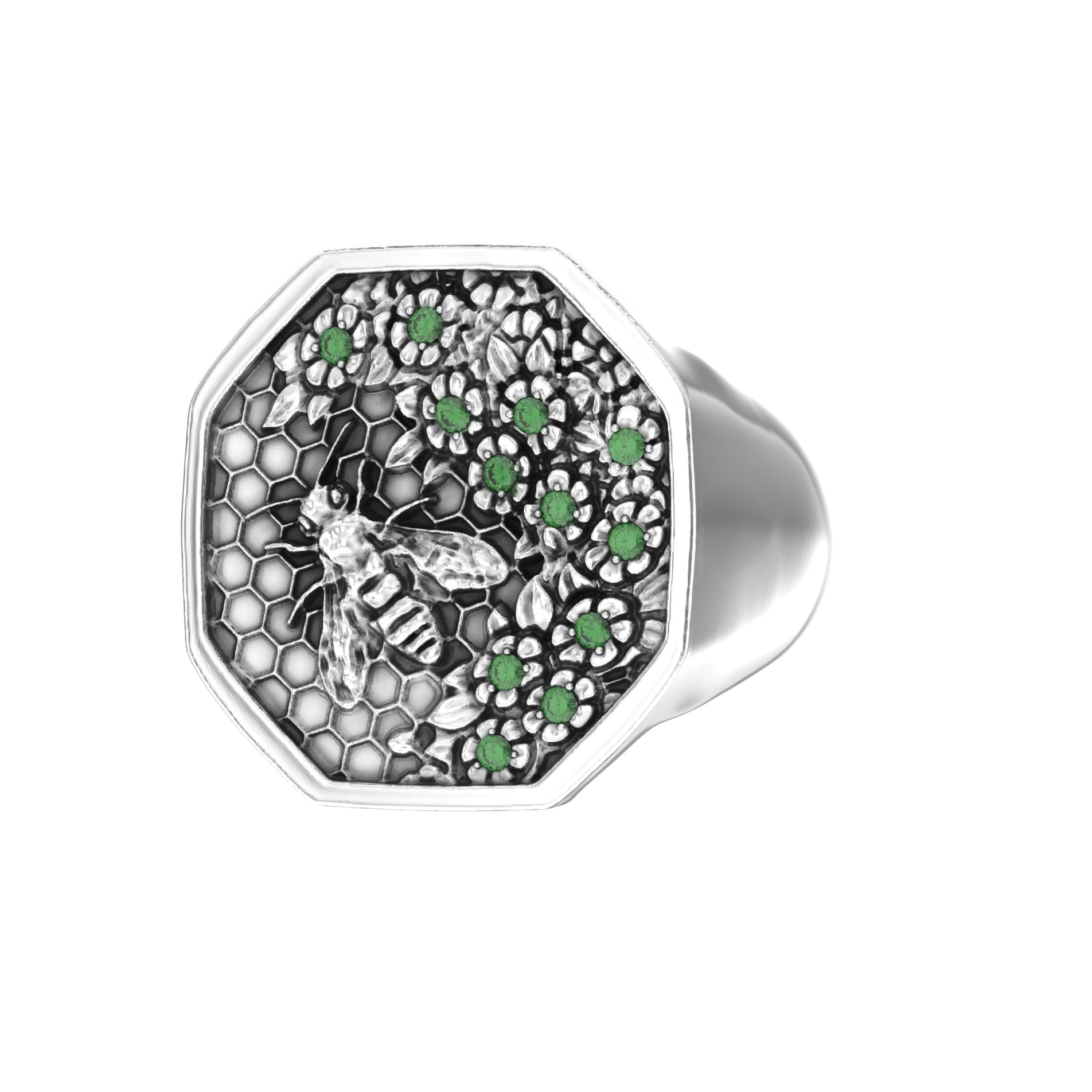 Angled right view of sterling silver signet ring featuring bee motif and emerald accents
