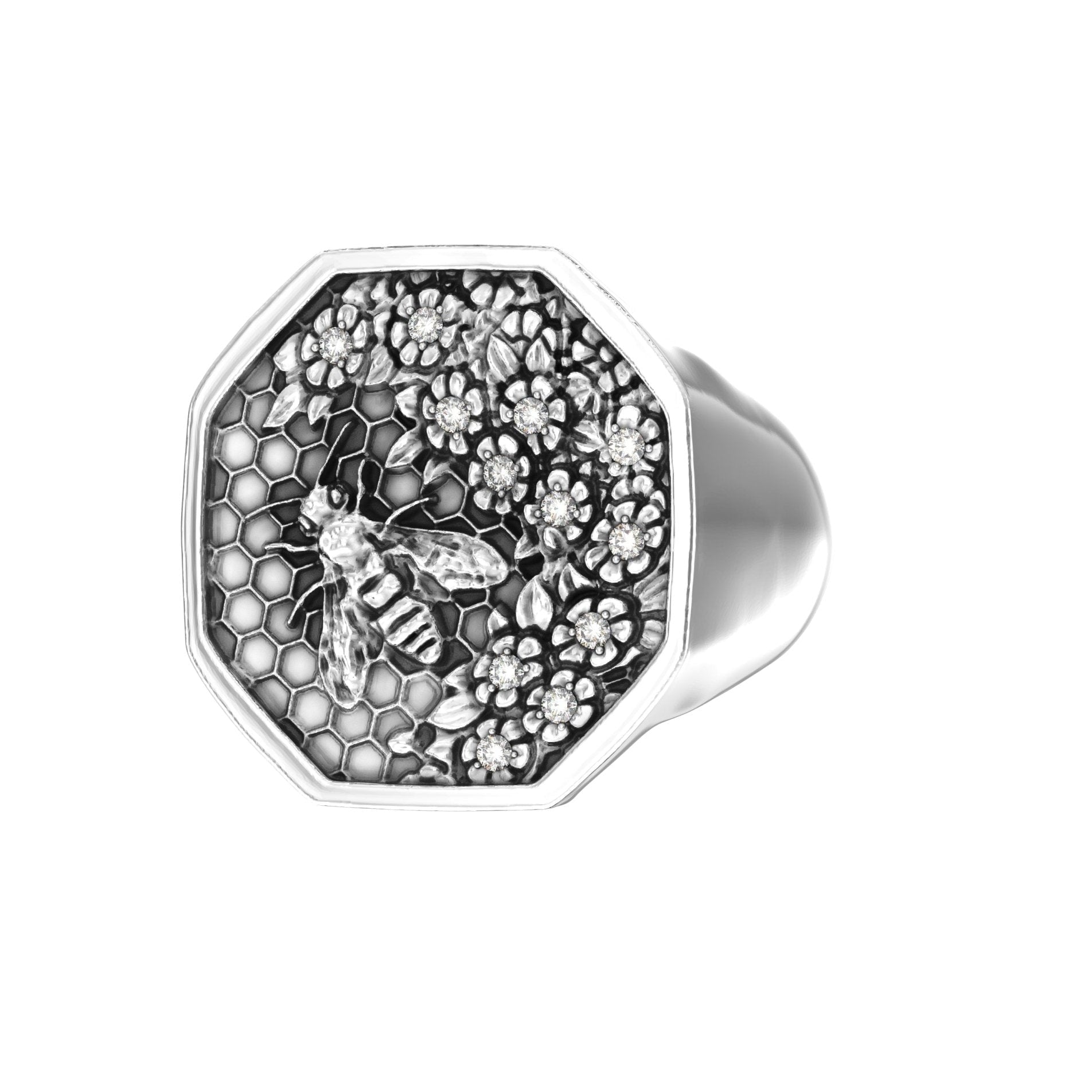 Angled right view of sterling silver bee signet ring with engraved details and moissanite accents