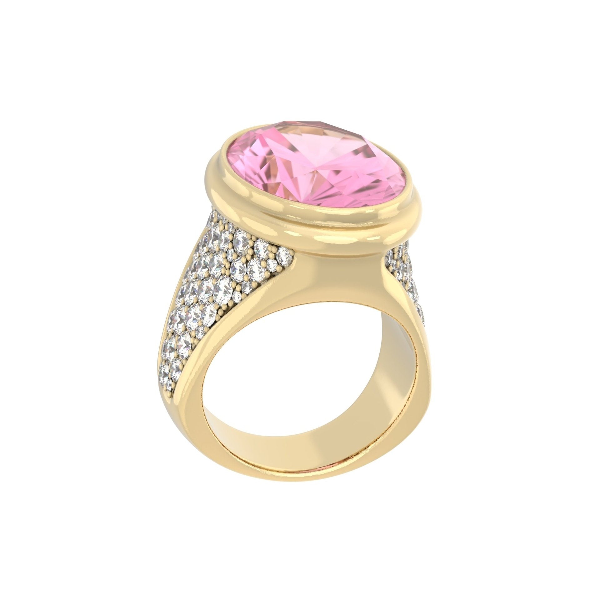 Side angle view of the Signature Ring in 9ct yellow gold with a largeRose Quartz & Pink centre stone and shimmering moissanite accents.

