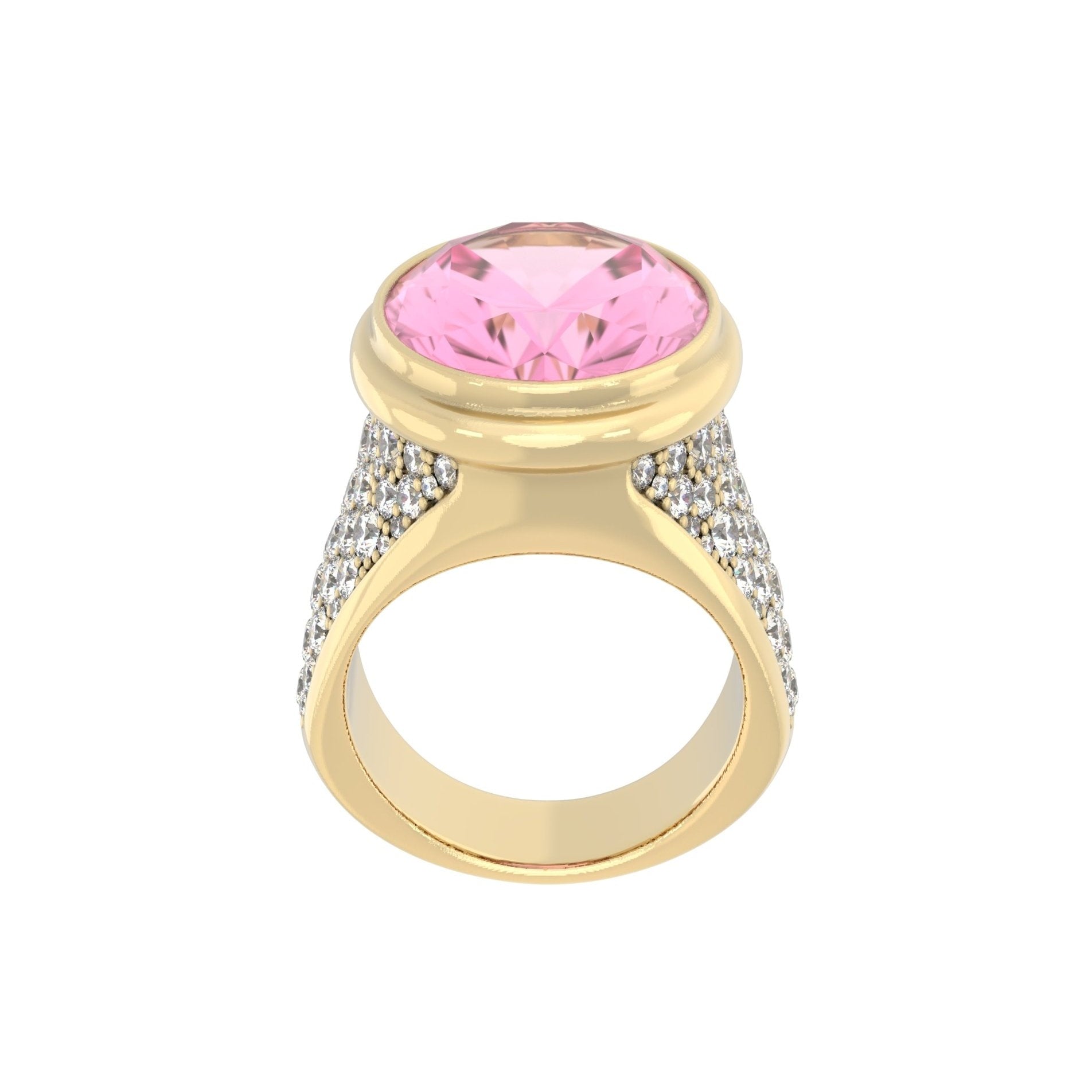 Front-facing view of the Signature Ring in 9ct yellow gold, highlighting the bold  Rose Quartz & Pink  and symmetrical moissanite-encrusted shoulders.

