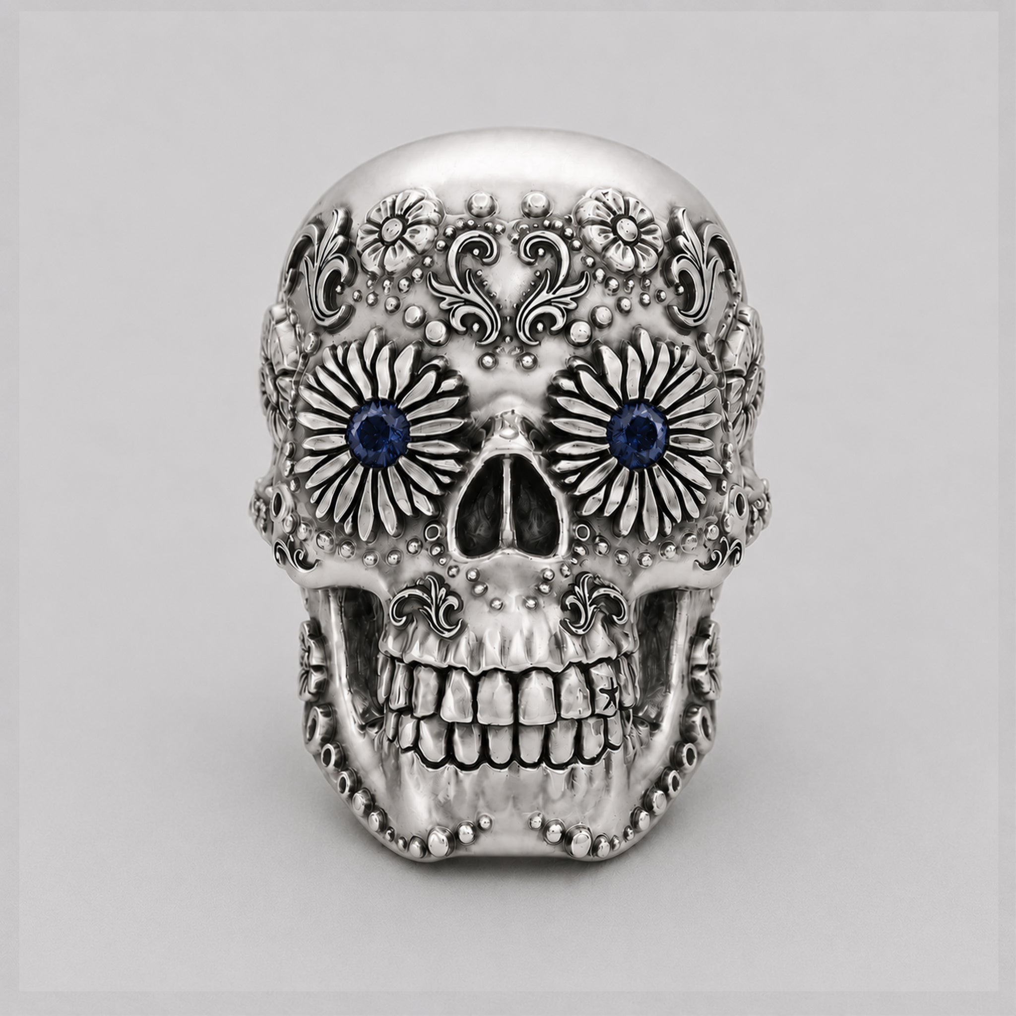 Sugar Skull Ring - Handcrafted Sterling Silver | Blue Sapphire Eyes