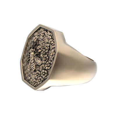 Honeycomb Bee Signet Ring - 9ct Gold - BeckonJewel