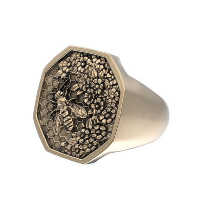 Honeycomb Bee Signet Ring - 9ct Gold - BeckonJewel