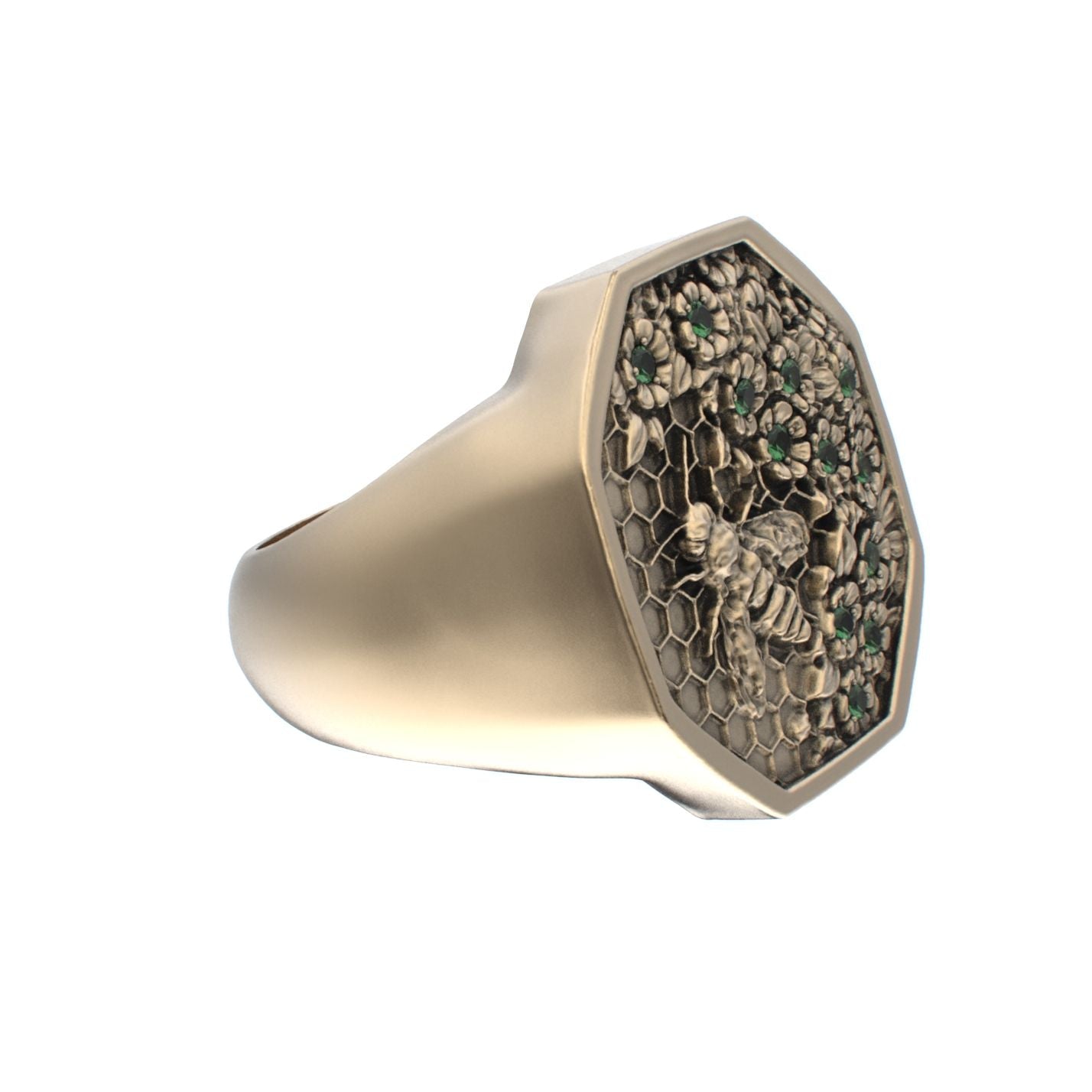 Honeycomb Bee Signet Ring - 9ct Gold - Emerald - BeckonJewel