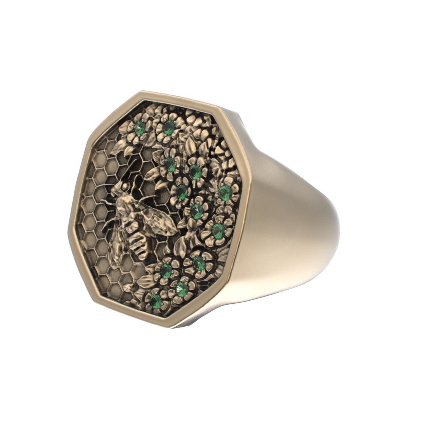 Honeycomb Bee Signet Ring - 9ct Gold - Emerald - BeckonJewel