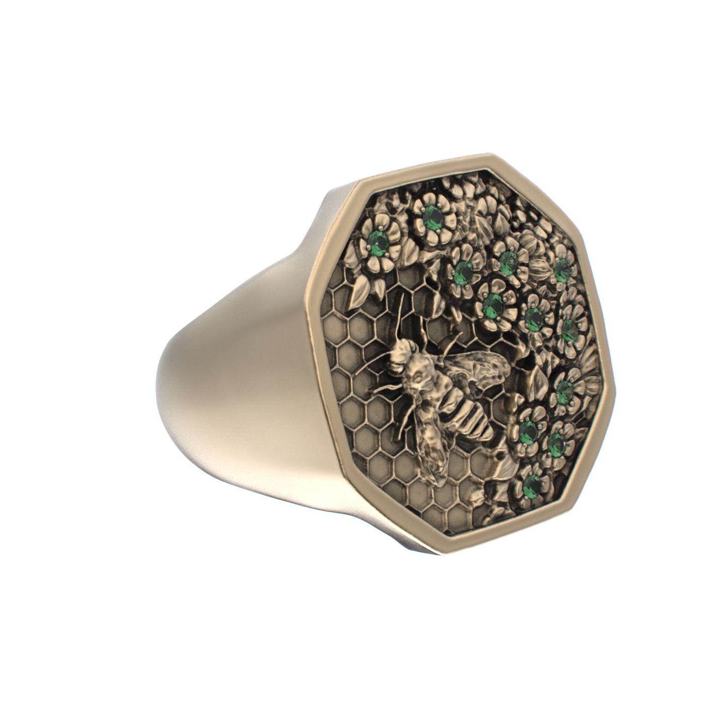 Honeycomb Bee Signet Ring - 9ct Gold - Emerald - BeckonJewel