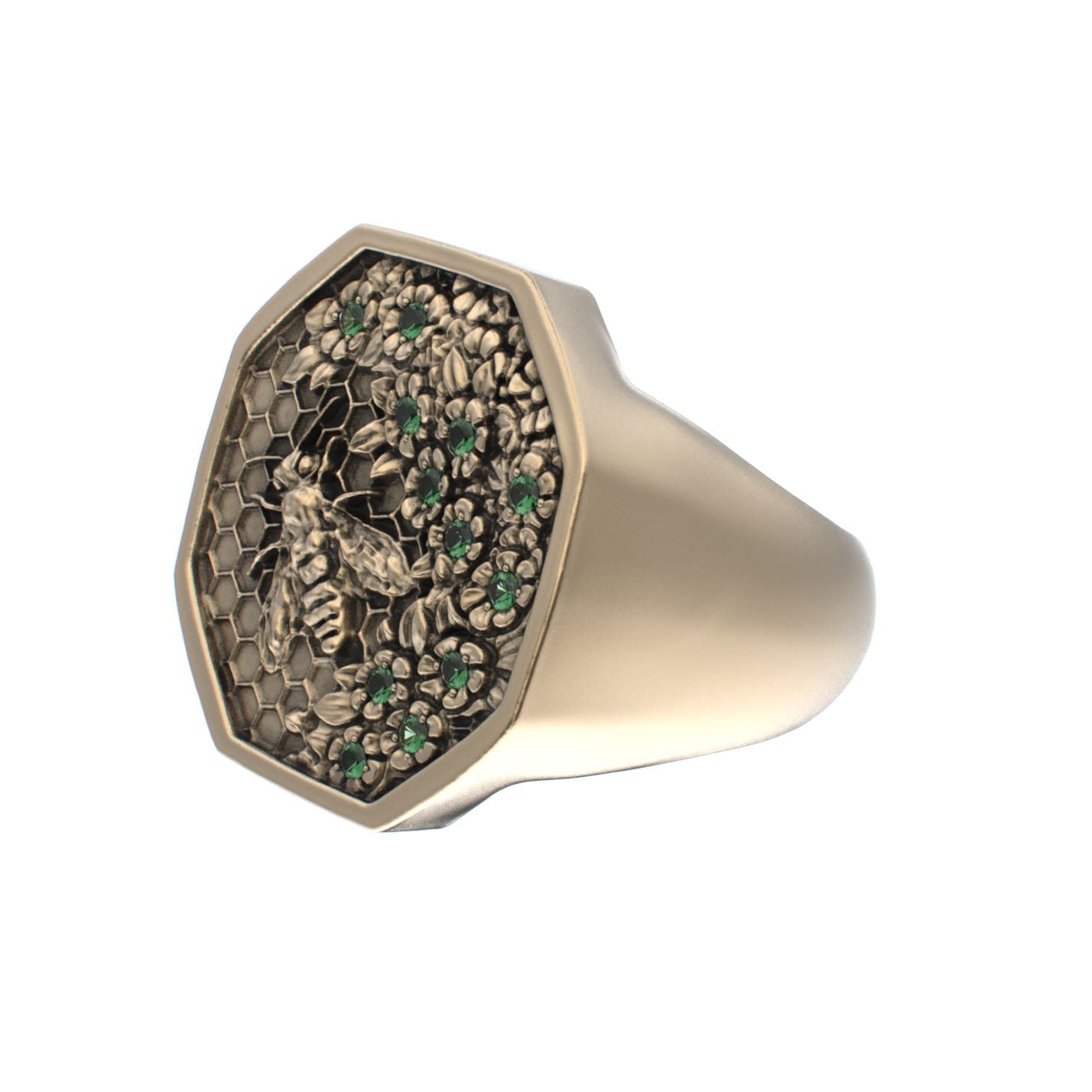 Honeycomb Bee Signet Ring - 9ct Gold - Emerald - BeckonJewel