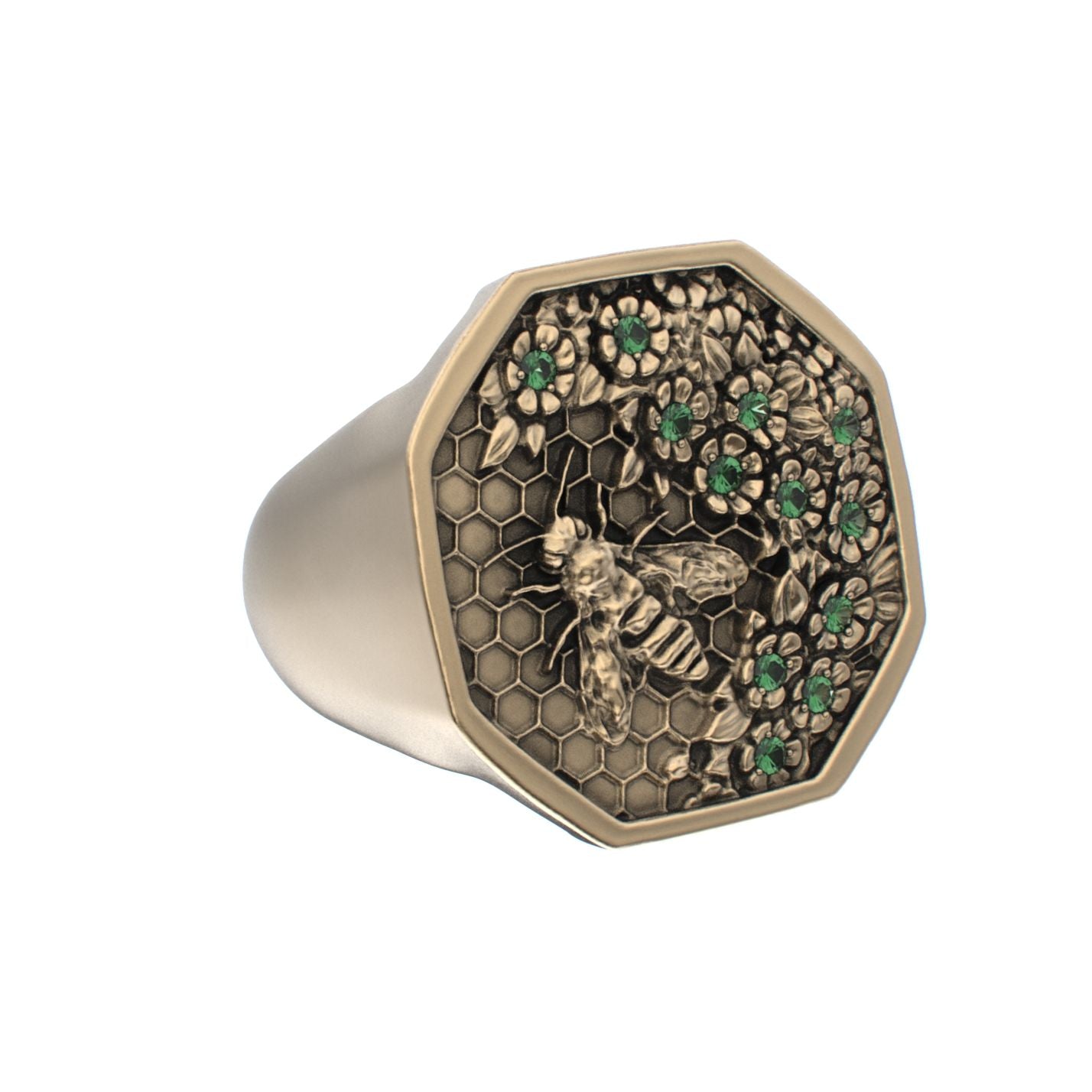 Honeycomb Bee Signet Ring - 9ct Gold - Emerald - BeckonJewel