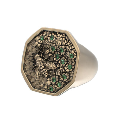 Honeycomb Bee Signet Ring - 9ct Gold - Emerald - BeckonJewel