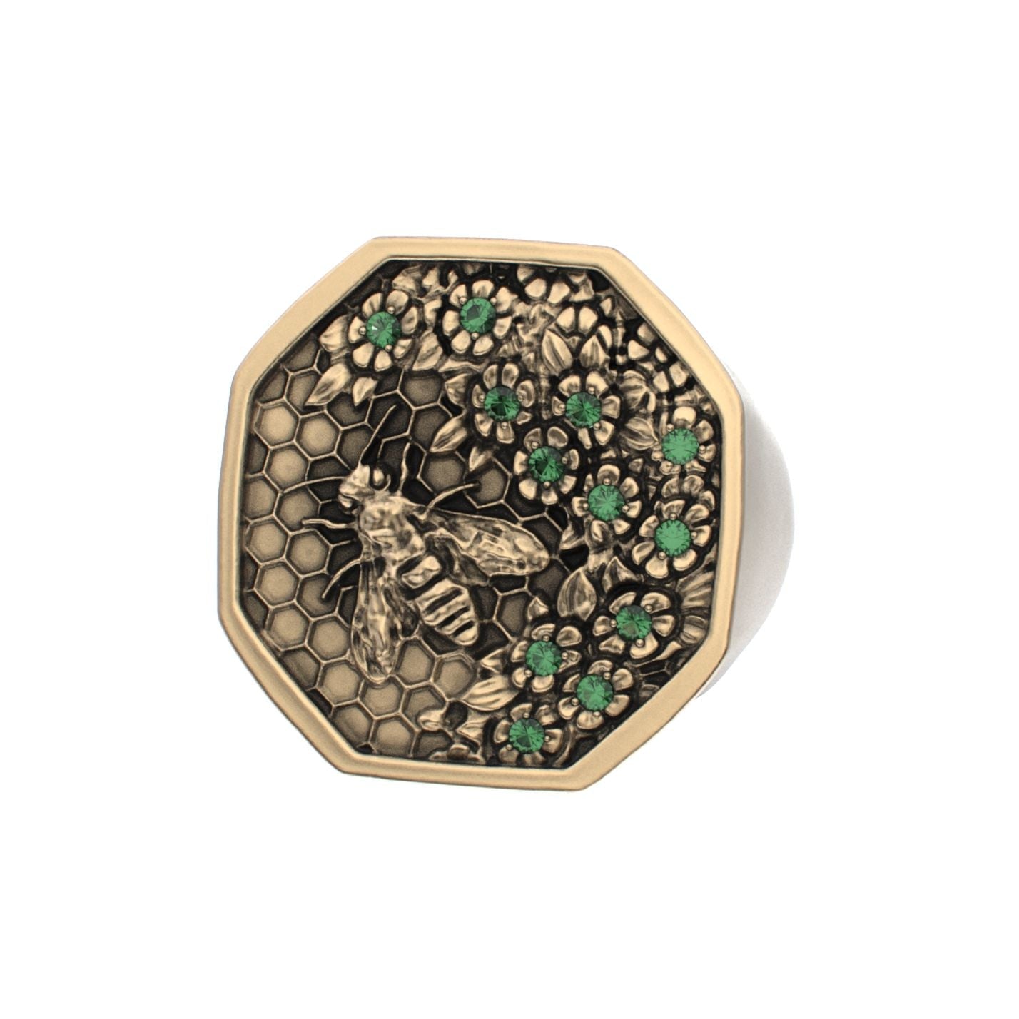 Honeycomb Bee Signet Ring - 9ct Gold - Emerald - BeckonJewel