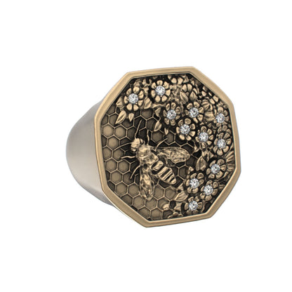 Honeycomb Bee Signet Ring - 9ct Gold - Moissanites - BeckonJewel