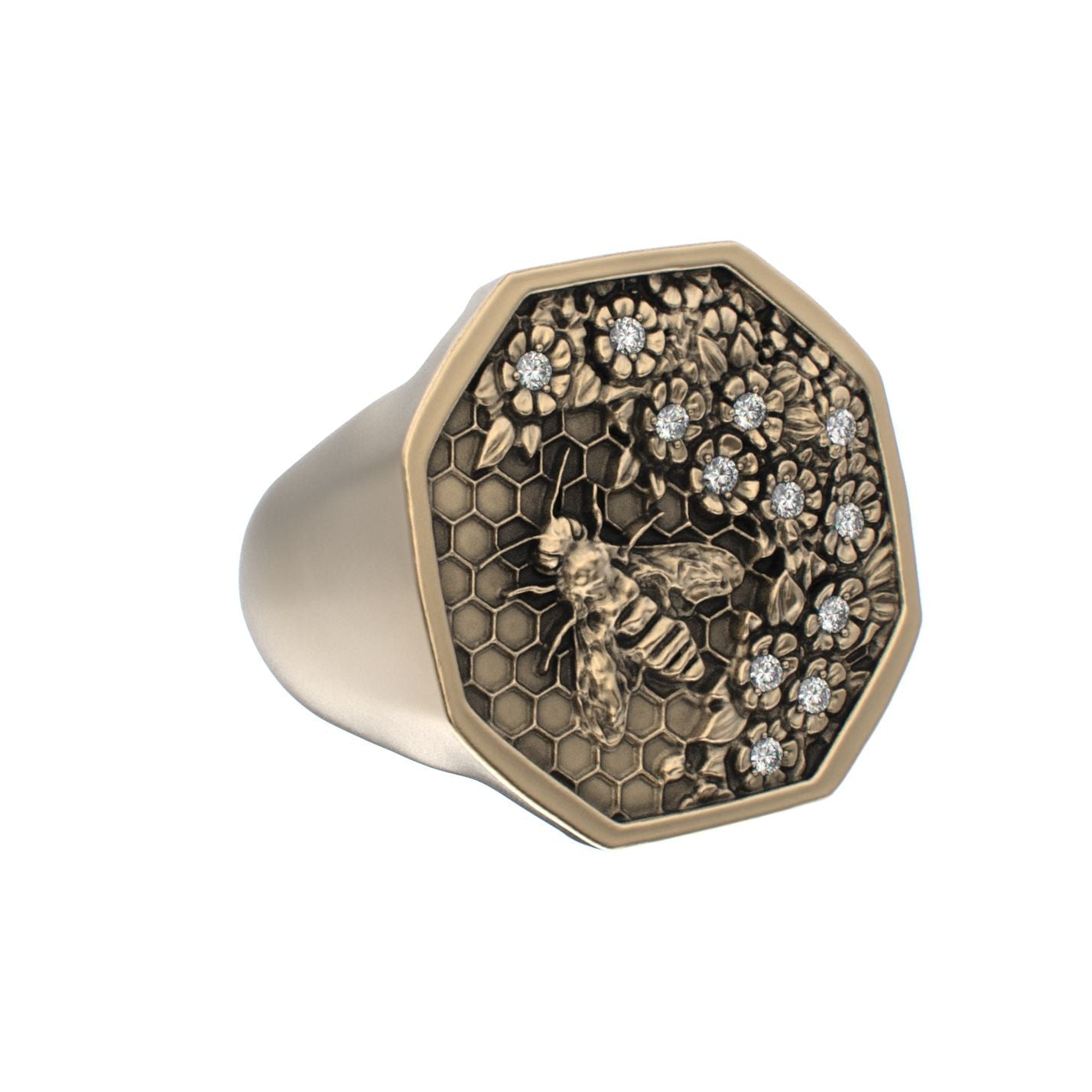 Honeycomb Bee Signet Ring - 9ct Gold - Moissanites - BeckonJewel