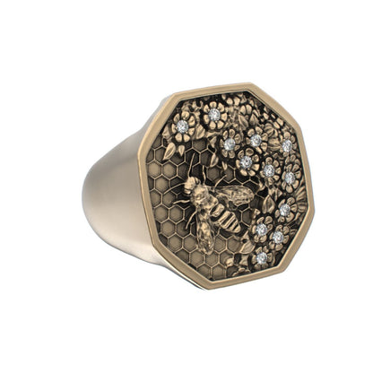 Honeycomb Bee Signet Ring - 9ct Gold - Moissanites - BeckonJewel