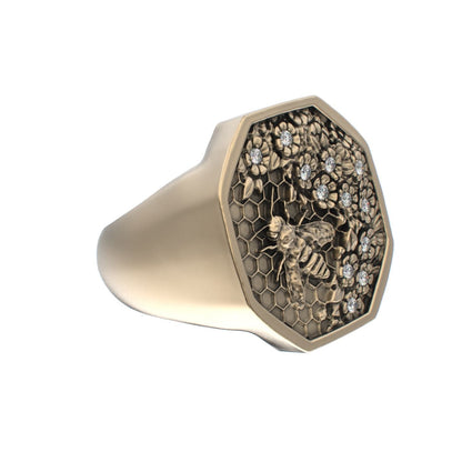 Honeycomb Bee Signet Ring - 9ct Gold - Moissanites - BeckonJewel