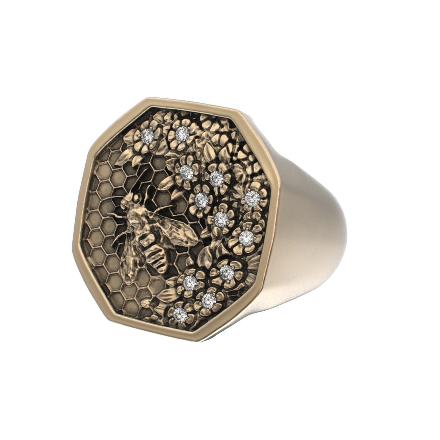 Honeycomb Bee Signet Ring - 9ct Gold - Moissanites - BeckonJewel