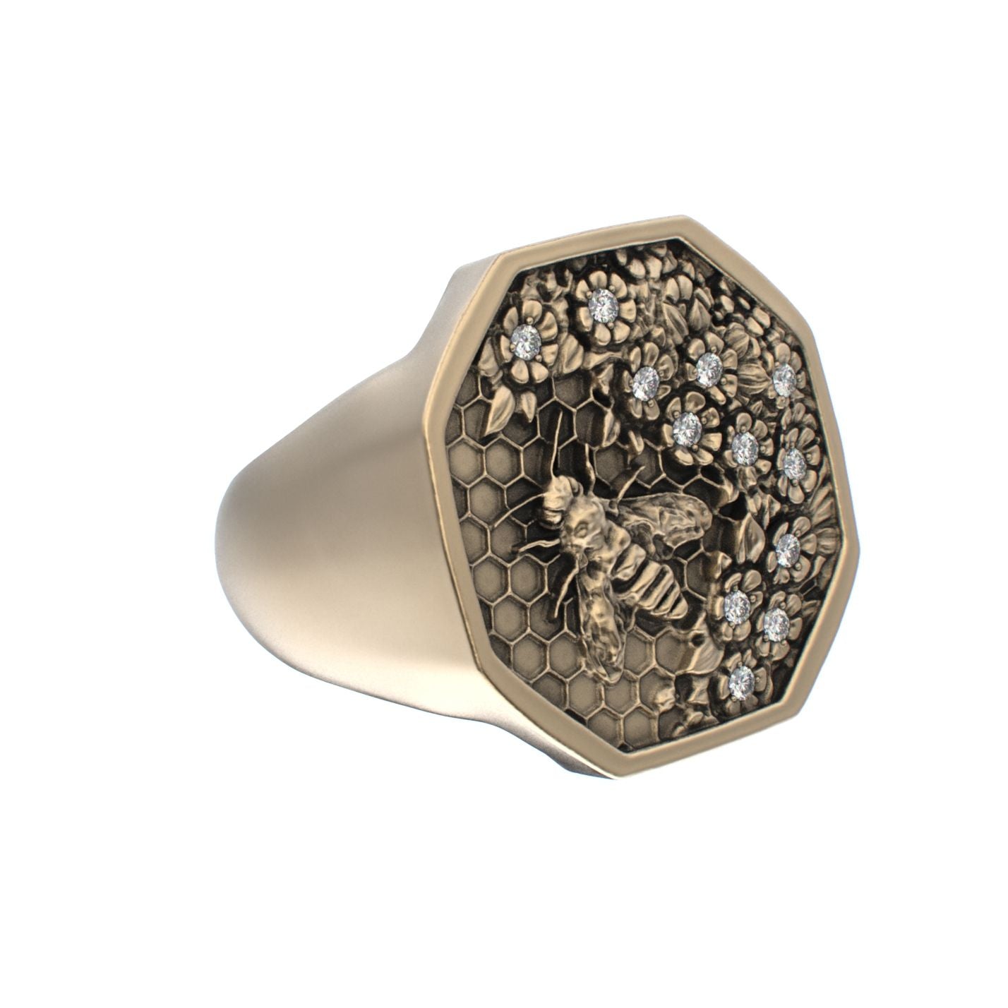 Honeycomb Bee Signet Ring - 9ct Gold - Moissanites - BeckonJewel