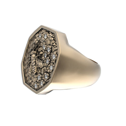 Honeycomb Bee Signet Ring - 9ct Gold - Moissanites - BeckonJewel