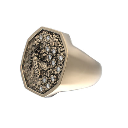 Honeycomb Bee Signet Ring - 9ct Gold - Moissanites - BeckonJewel