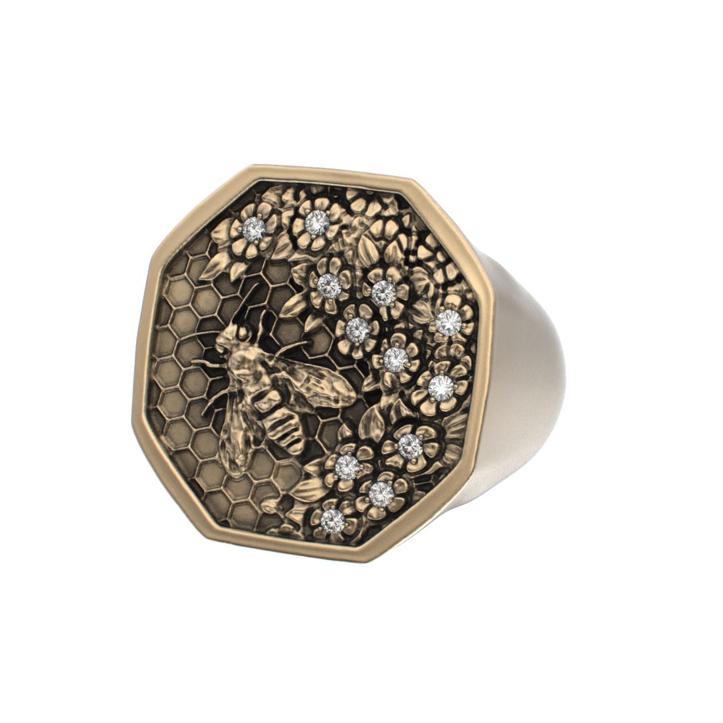 Honeycomb Bee Signet Ring - 9ct Gold - Moissanites - BeckonJewel