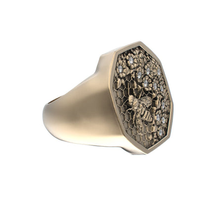 Honeycomb Bee Signet Ring - 9ct Gold - Moissanites - BeckonJewel