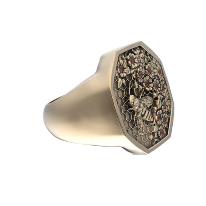 Honeycomb Bee Signet Ring - 9ct Gold - Ruby - BeckonJewel