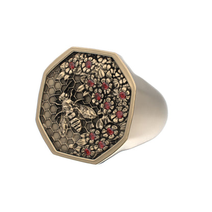 Honeycomb Bee Signet Ring - 9ct Gold - Ruby - BeckonJewel