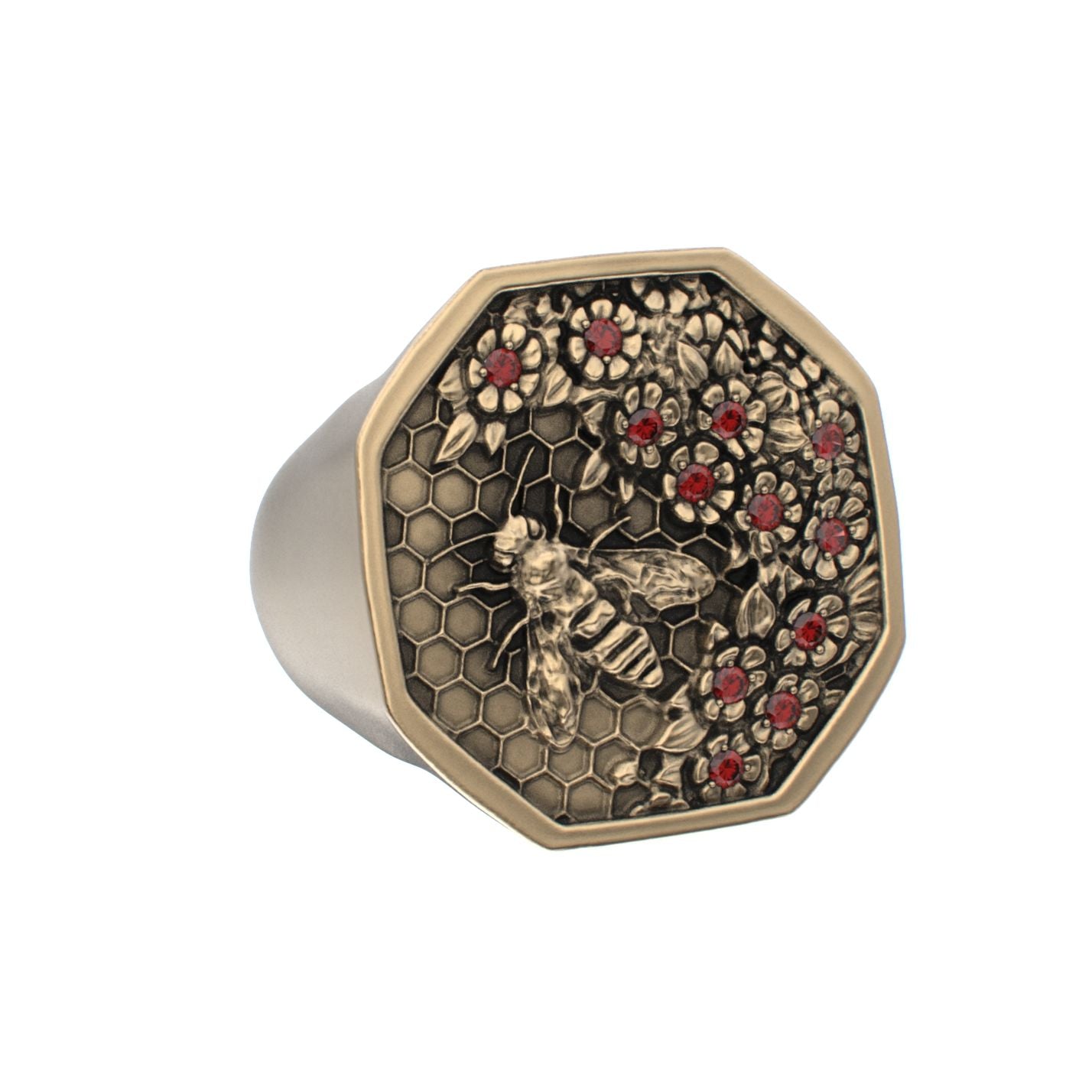 Honeycomb Bee Signet Ring - 9ct Gold - Ruby - BeckonJewel