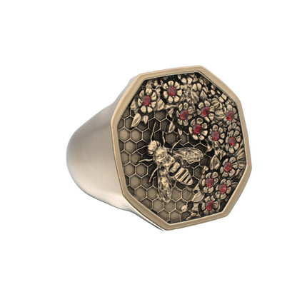 Honeycomb Bee Signet Ring - 9ct Gold - Ruby - BeckonJewel