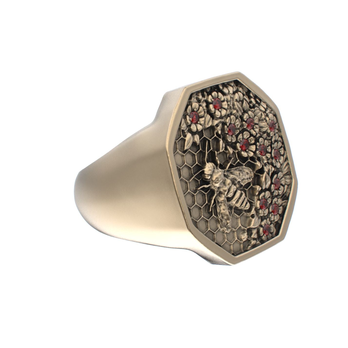 Honeycomb Bee Signet Ring - 9ct Gold - Ruby - BeckonJewel