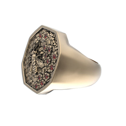 Honeycomb Bee Signet Ring - 9ct Gold - Ruby - BeckonJewel