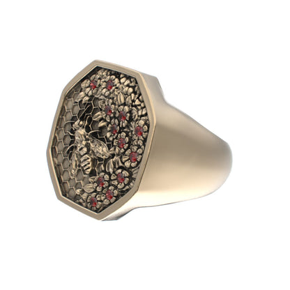 Honeycomb Bee Signet Ring - 9ct Gold - Ruby - BeckonJewel