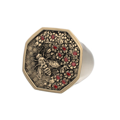 Honeycomb Bee Signet Ring - 9ct Gold - Ruby - BeckonJewel