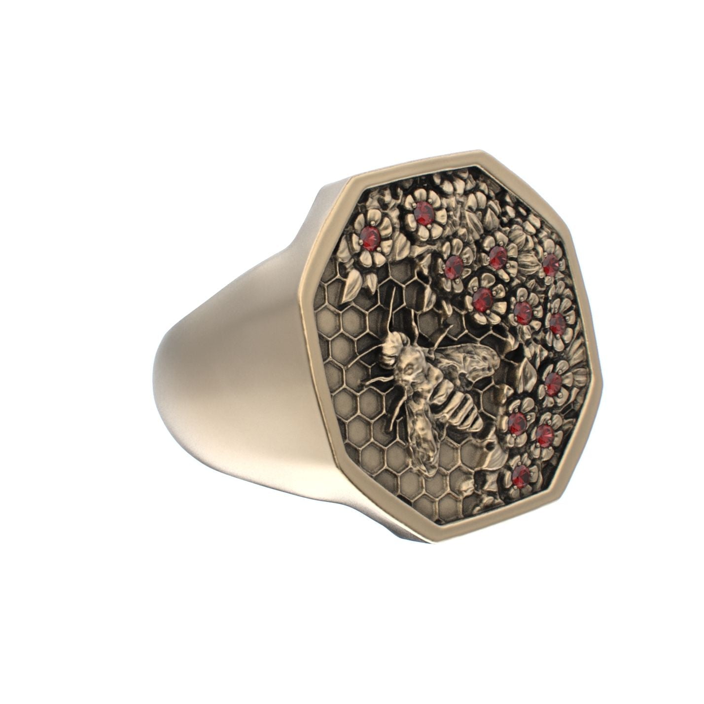 Honeycomb Bee Signet Ring - 9ct Gold - Ruby - BeckonJewel