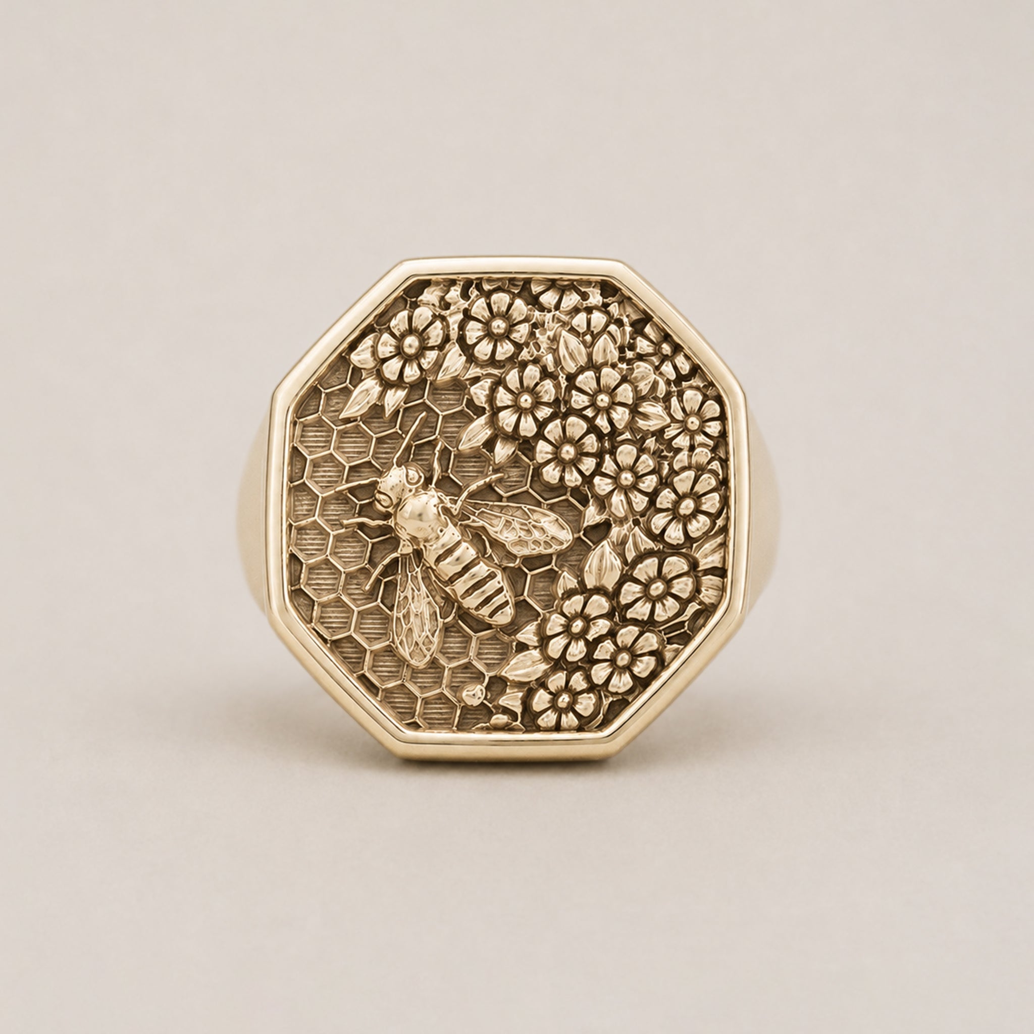 Honeycomb Bee Signet Ring | 9ct Yellow Gold - BeckonJewel