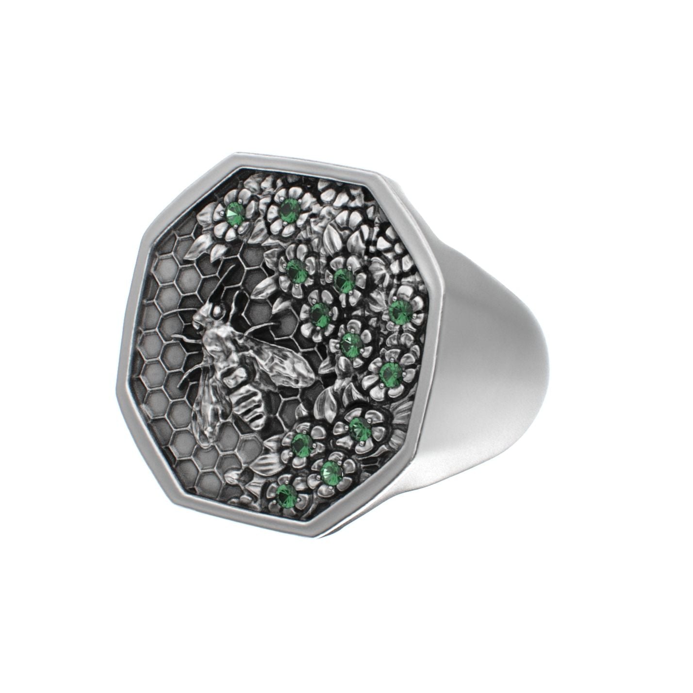 Honeycomb Bee Signet Ring - Emerald