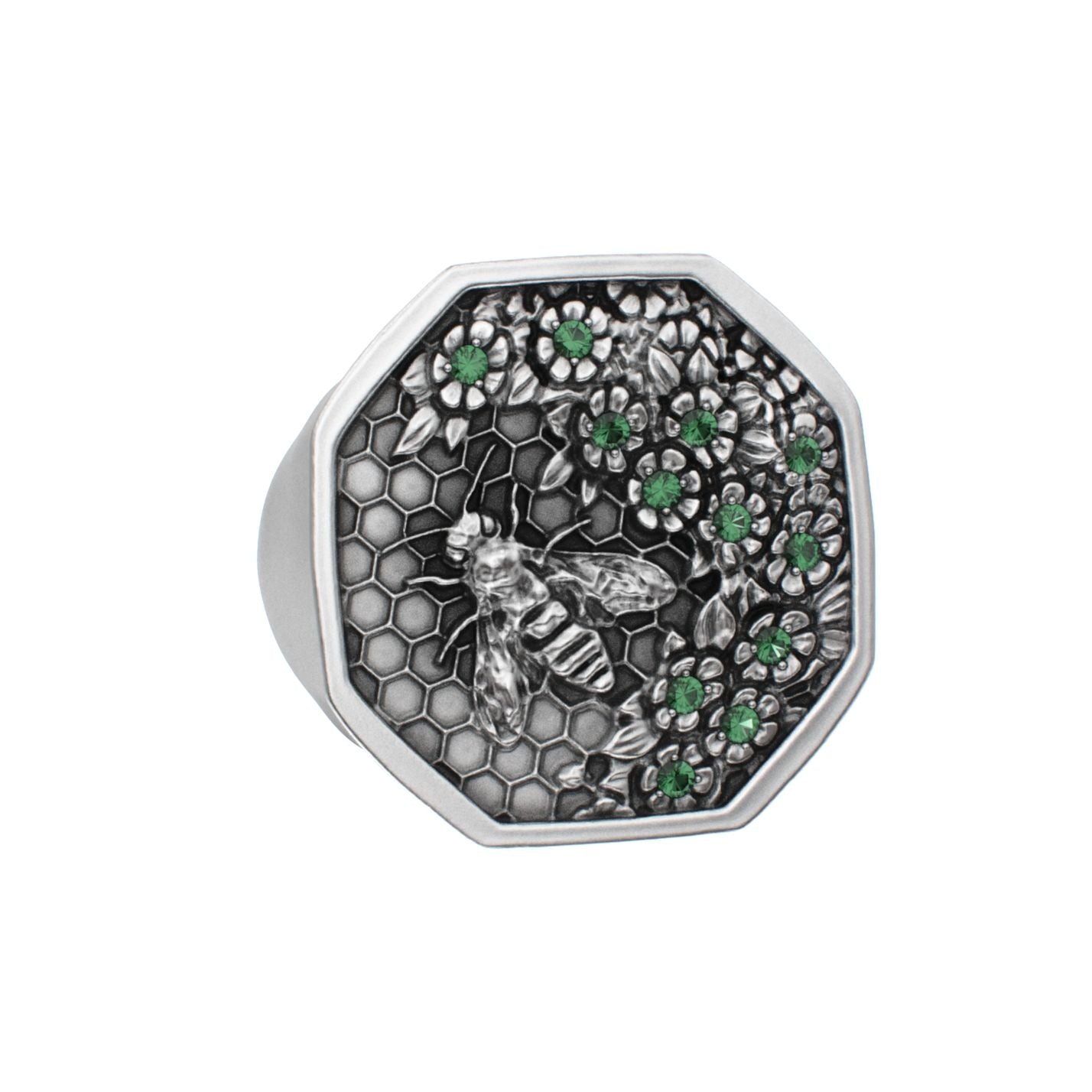 Honeycomb Bee Signet Ring - Emerald