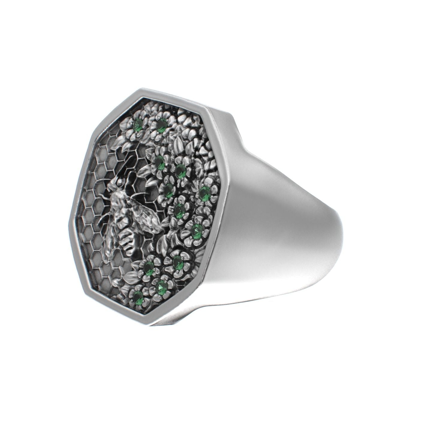 Honeycomb Bee Signet Ring - Emerald