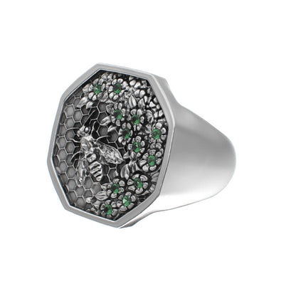 Honeycomb Bee Signet Ring - Emerald