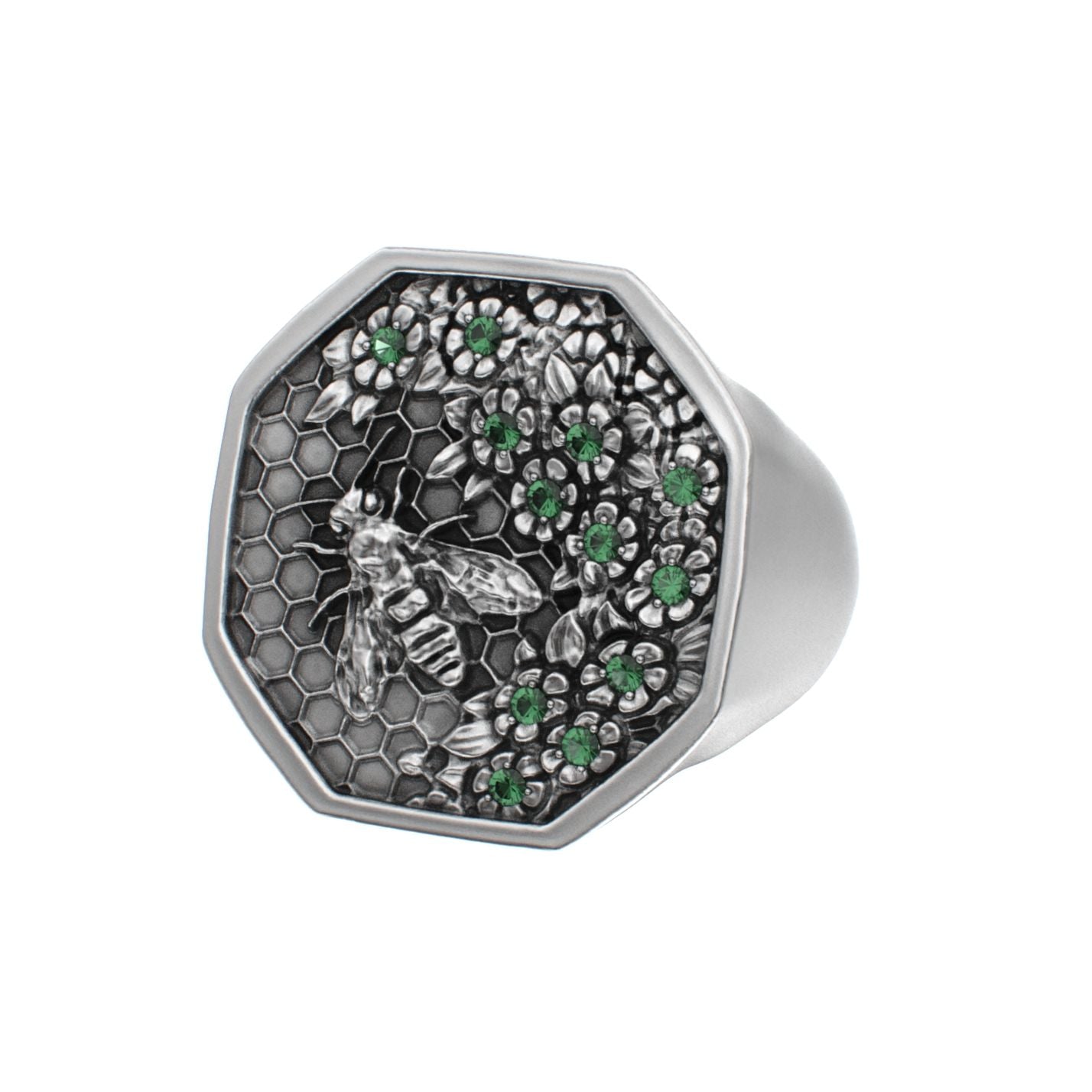 Honeycomb Bee Signet Ring - Emerald - BeckonJewel