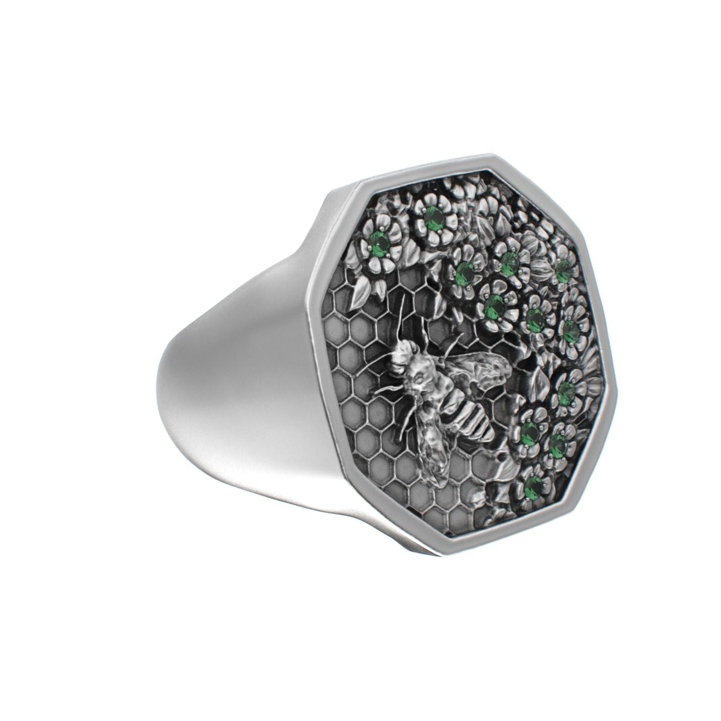 Honeycomb Bee Signet Ring - Emerald