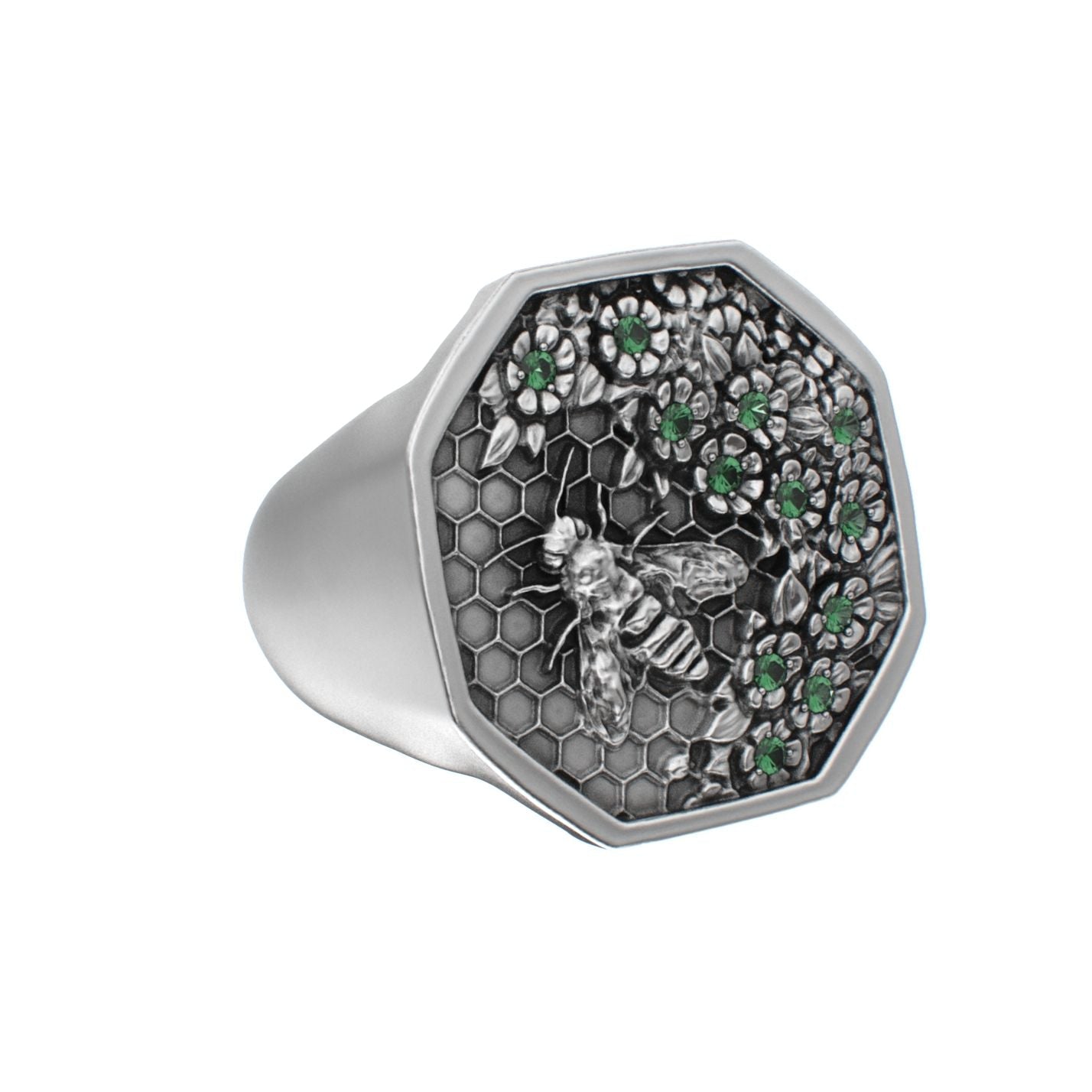 Honeycomb Bee Signet Ring - Emerald