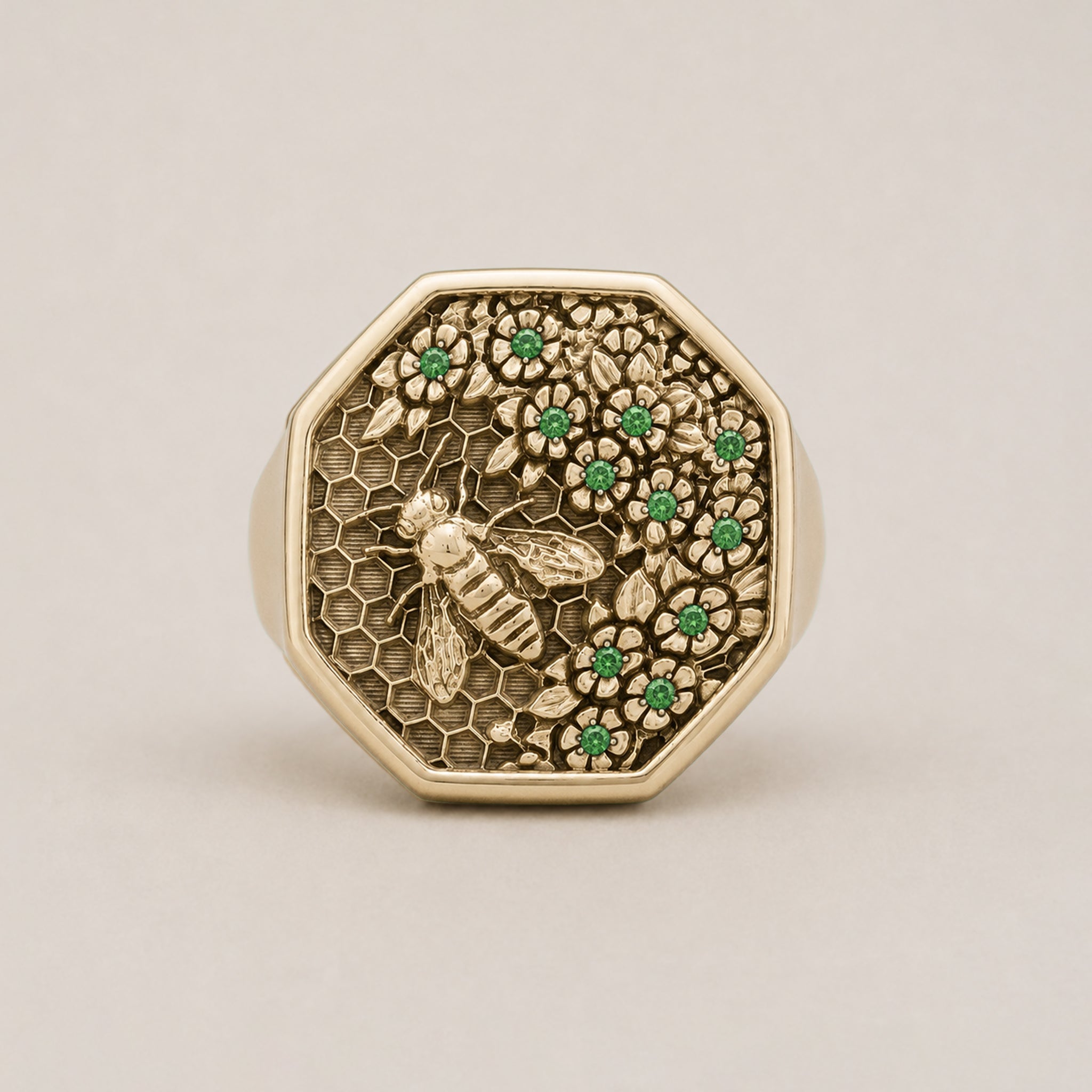Honeycomb Bee Signet Ring – Emerald | 9ct Yellow Gold - BeckonJewel