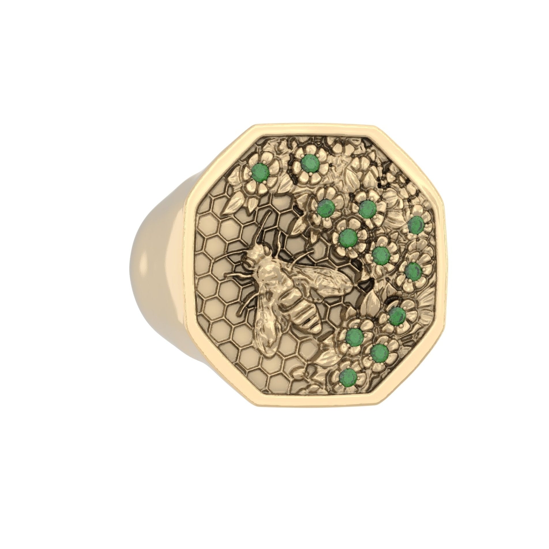 Honeycomb Bee Signet Ring – Emerald | 9ct Yellow Gold - BeckonJewel