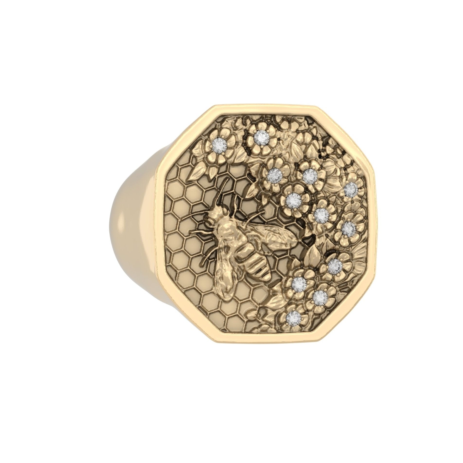 Honeycomb Bee Signet Ring – Moissanite| 9ct Yellow Gold - BeckonJewel