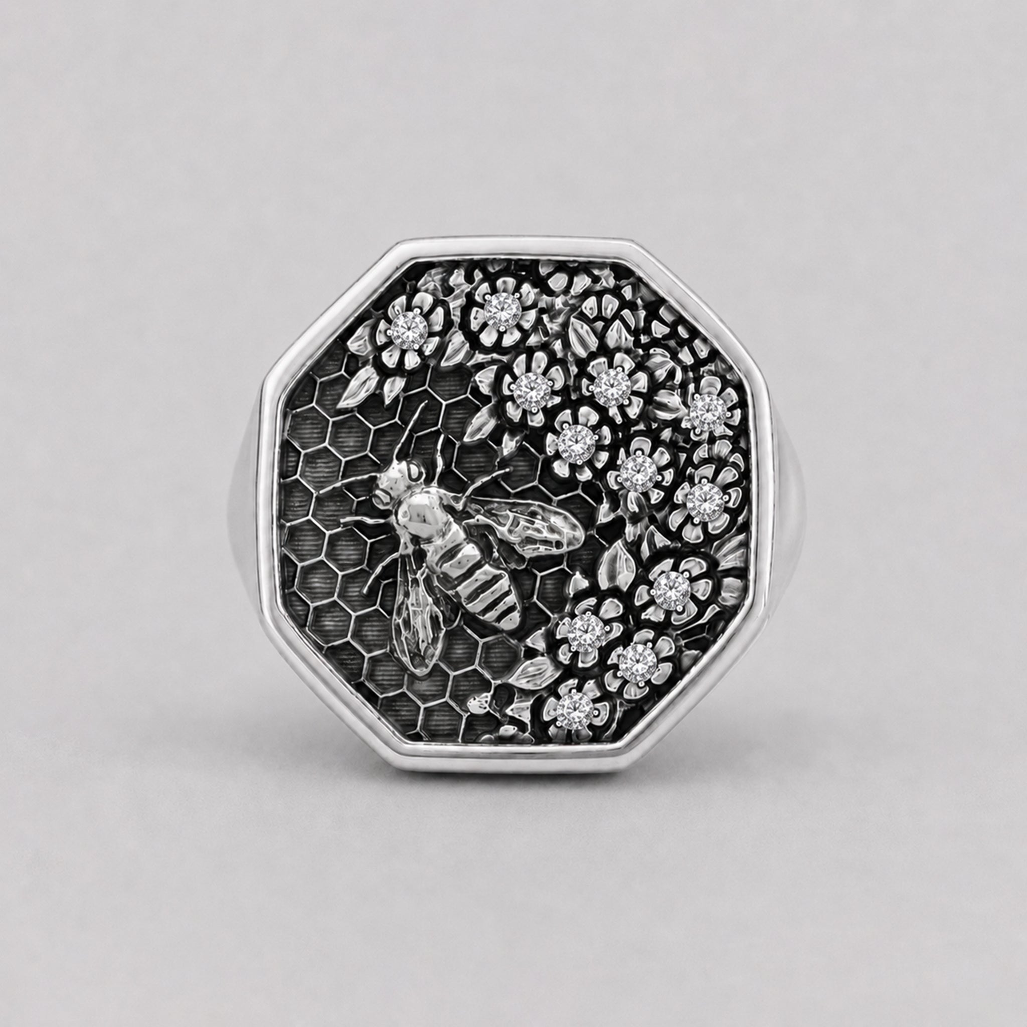 Honeycomb Bee Signet Ring – Moissanite | Sterling Silver - BeckonJewel