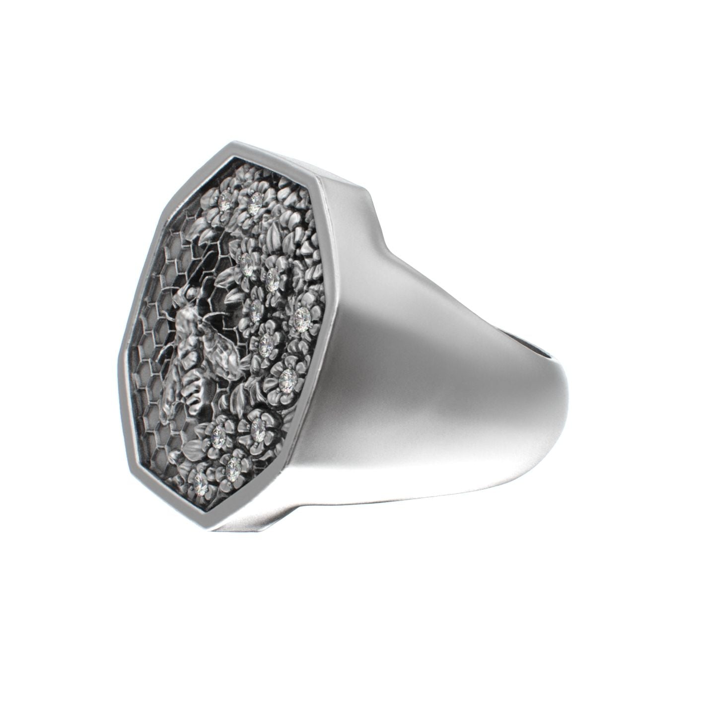 Honeycomb Bee Signet Ring - Moissanites - BeckonJewel