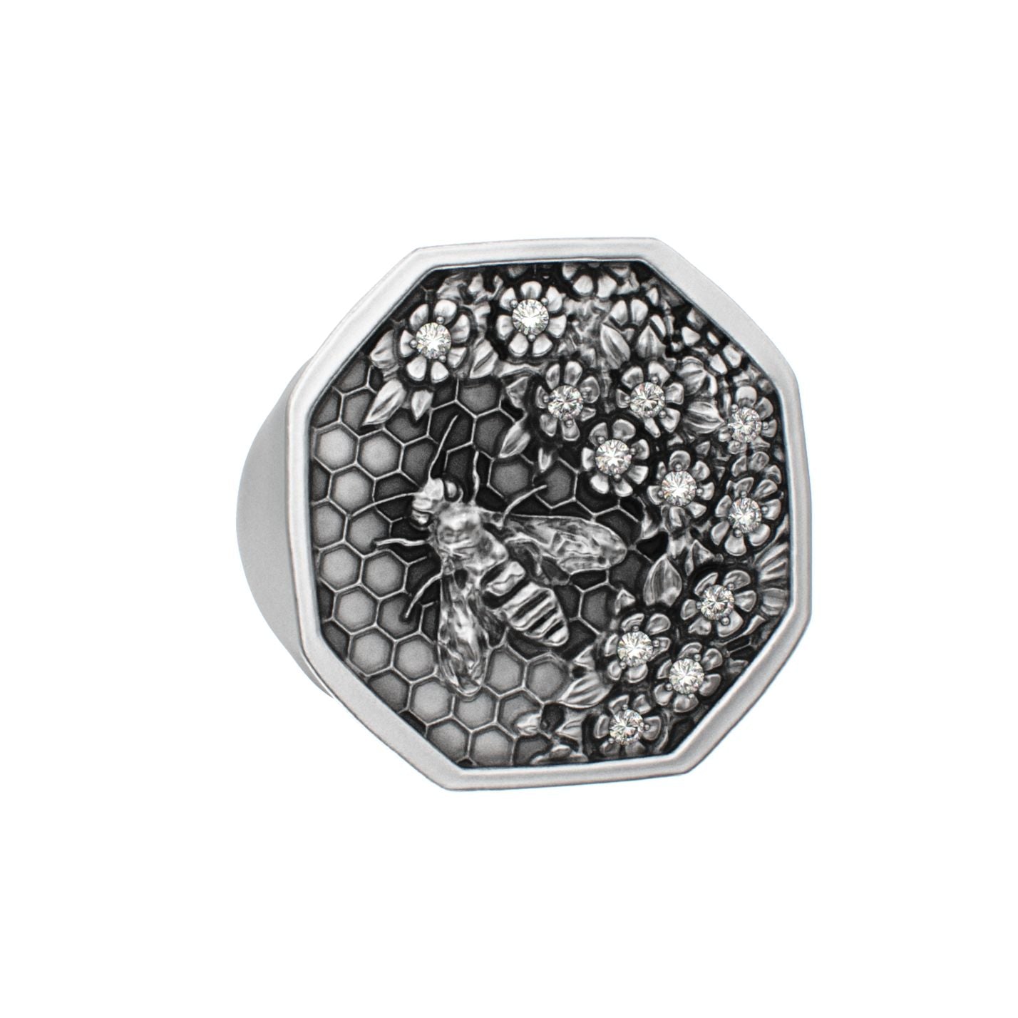 Honeycomb Bee Signet Ring - Moissanites - BeckonJewel