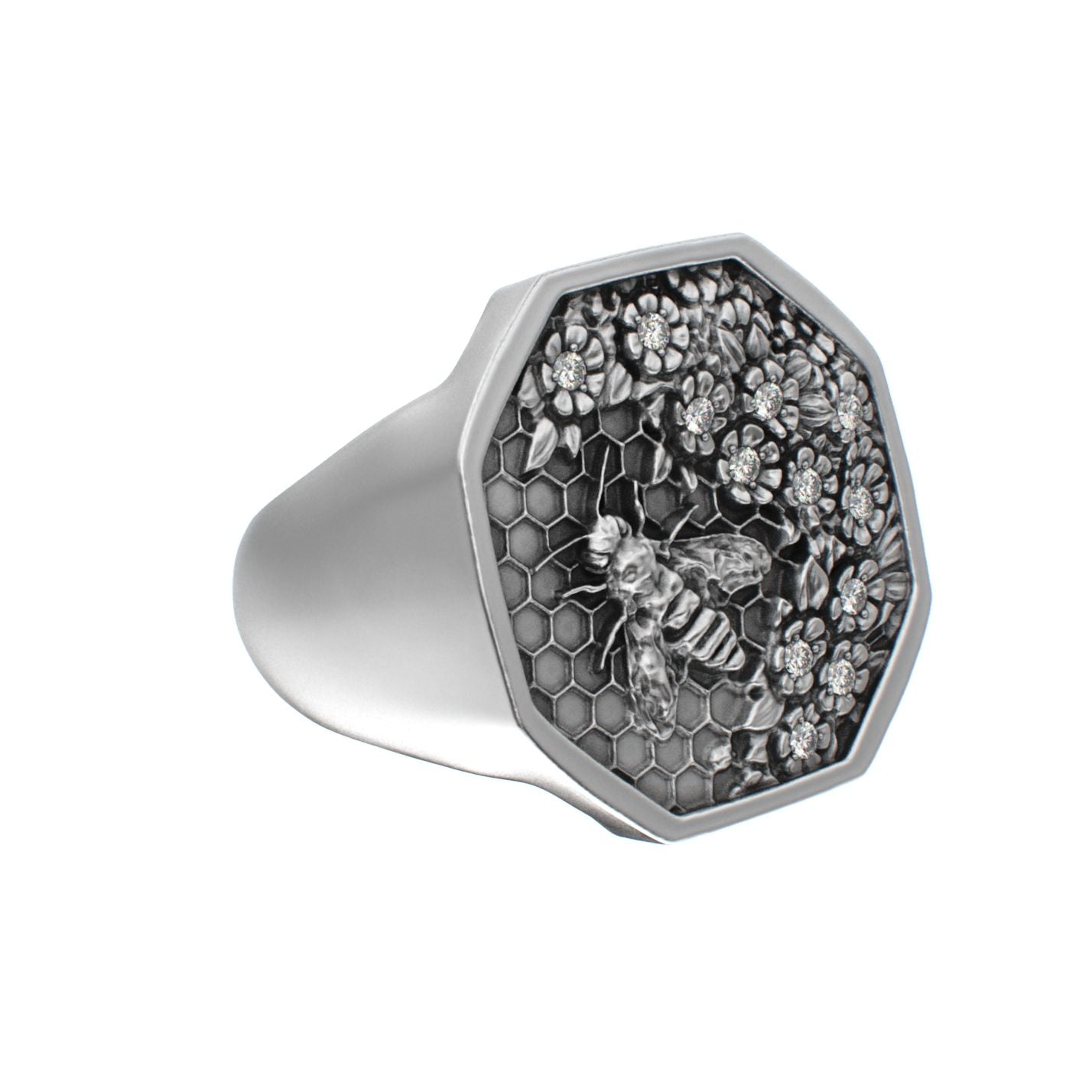 Honeycomb Bee Signet Ring - Moissanites - BeckonJewel