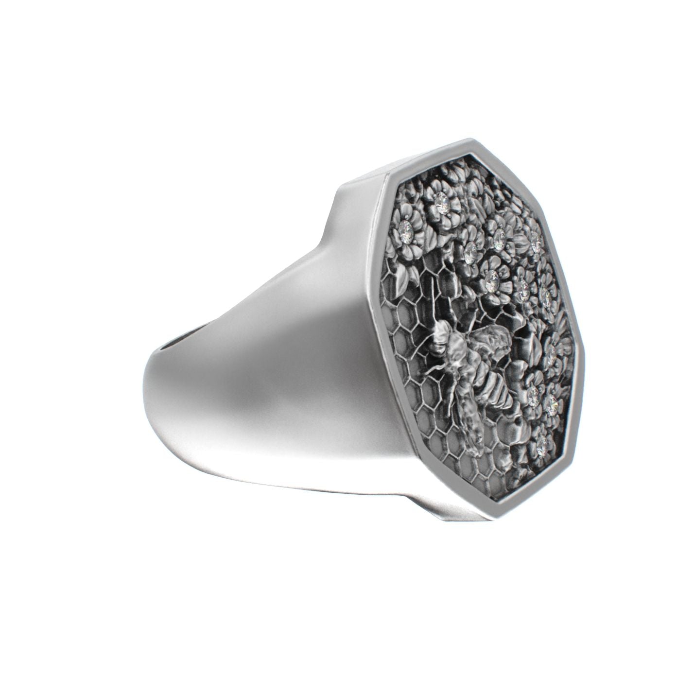 Honeycomb Bee Signet Ring - Moissanites - BeckonJewel